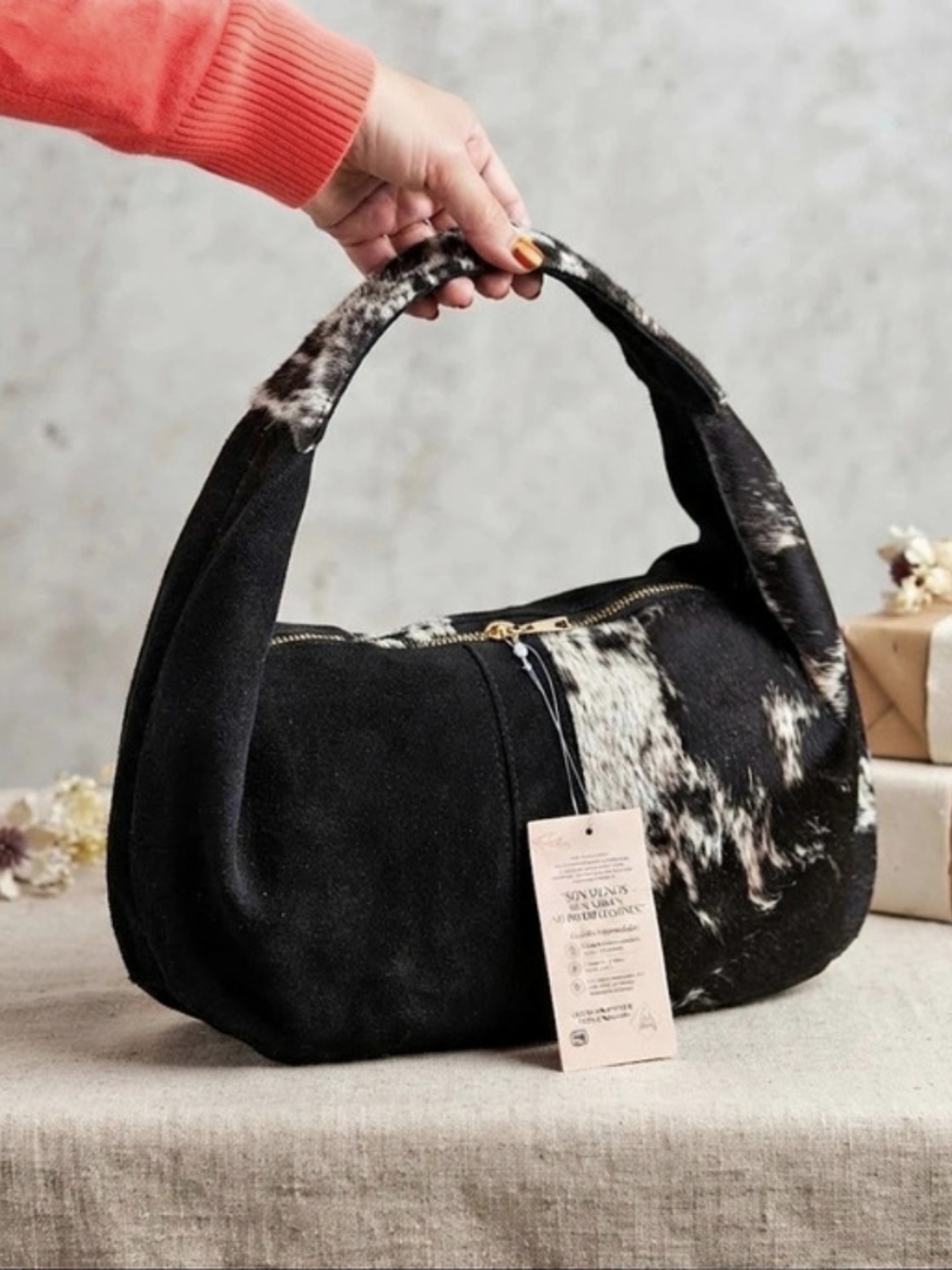 Noubouck Cow Print Slouchy Silhouette Bag in Black & White
